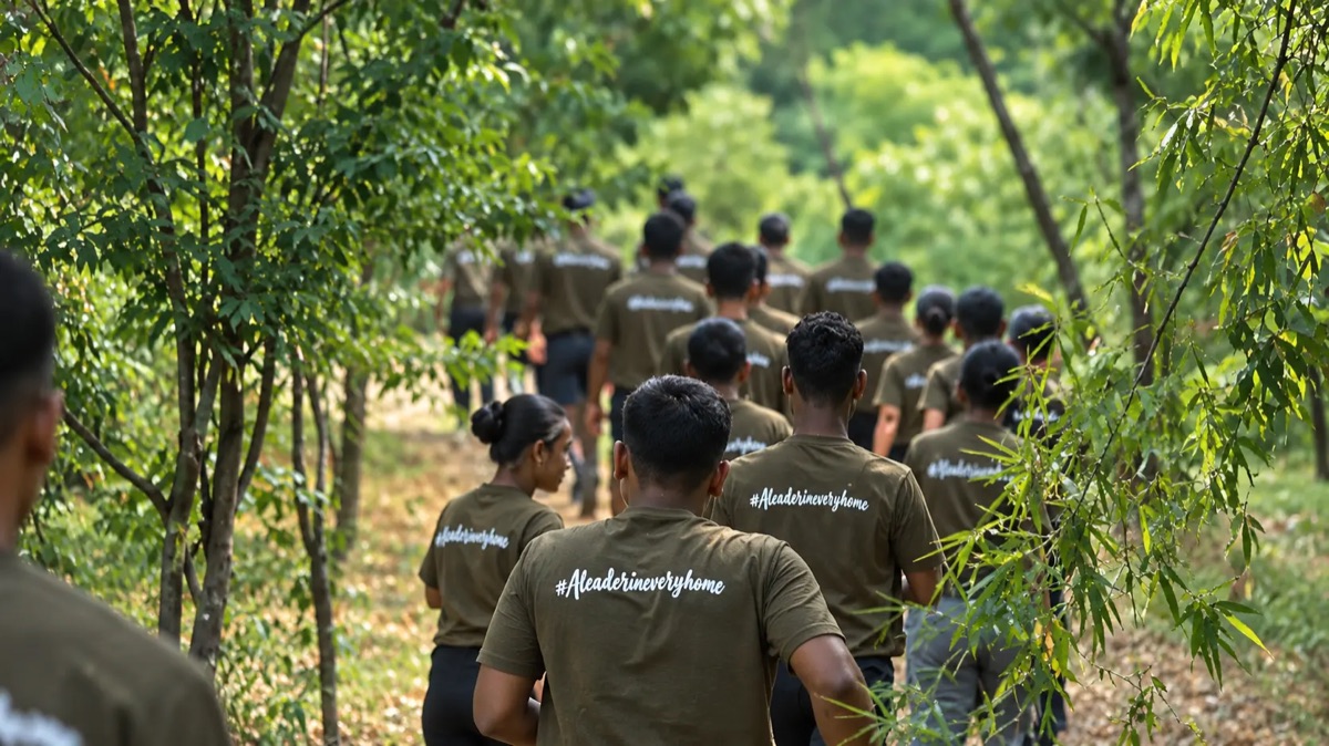 A group of students moving together as a team